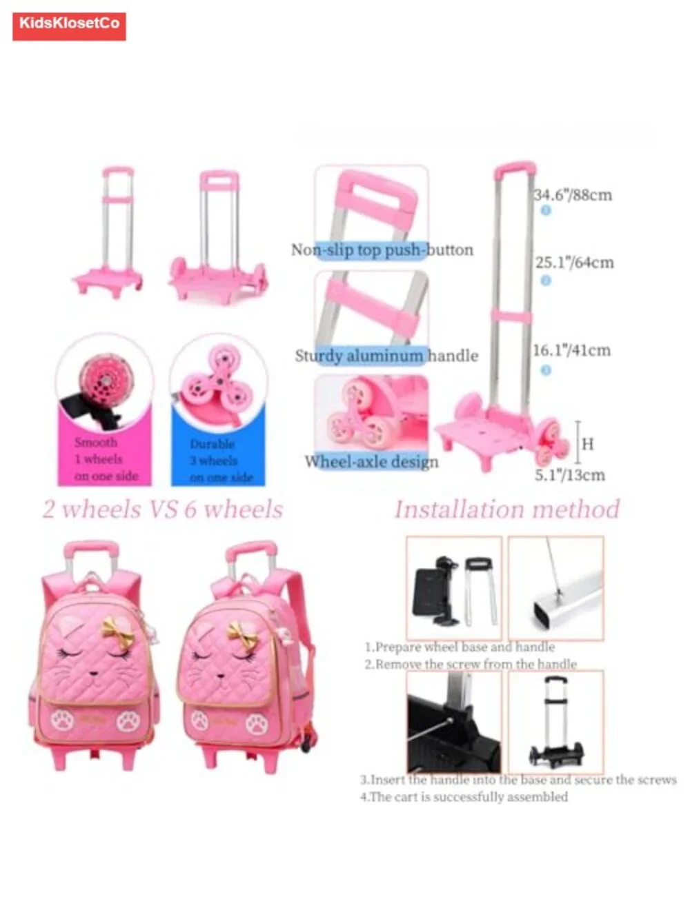 Rolling Backpack for Girls, 2 Wheel Trolley School Bag with Wheels, Nylon